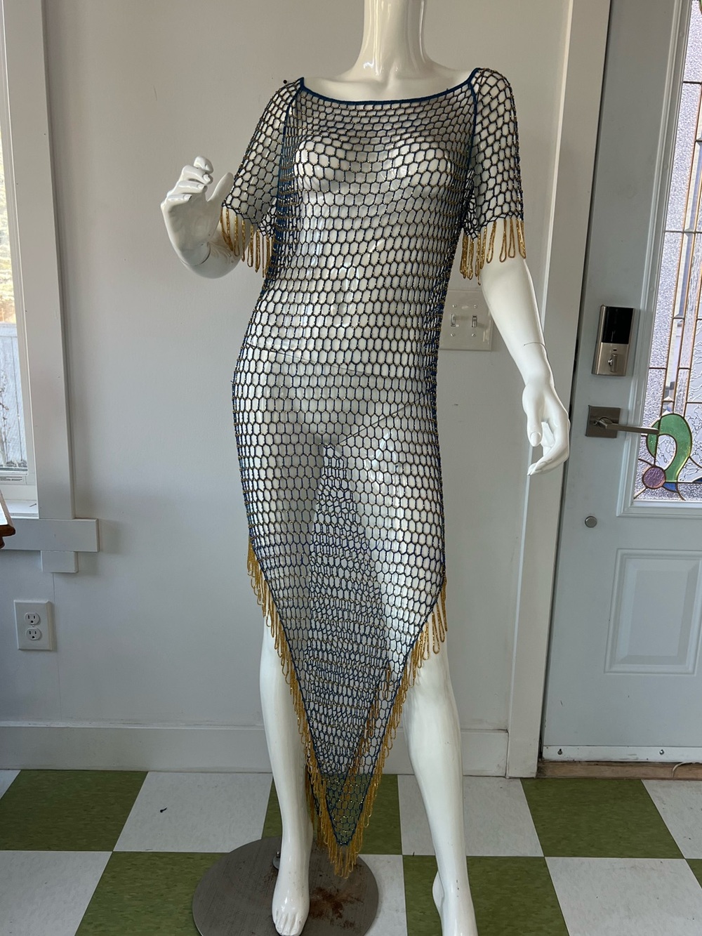 Handmade Beaded Fringe Mesh Dress – Boho Festival Cover-Up  unique rare piece